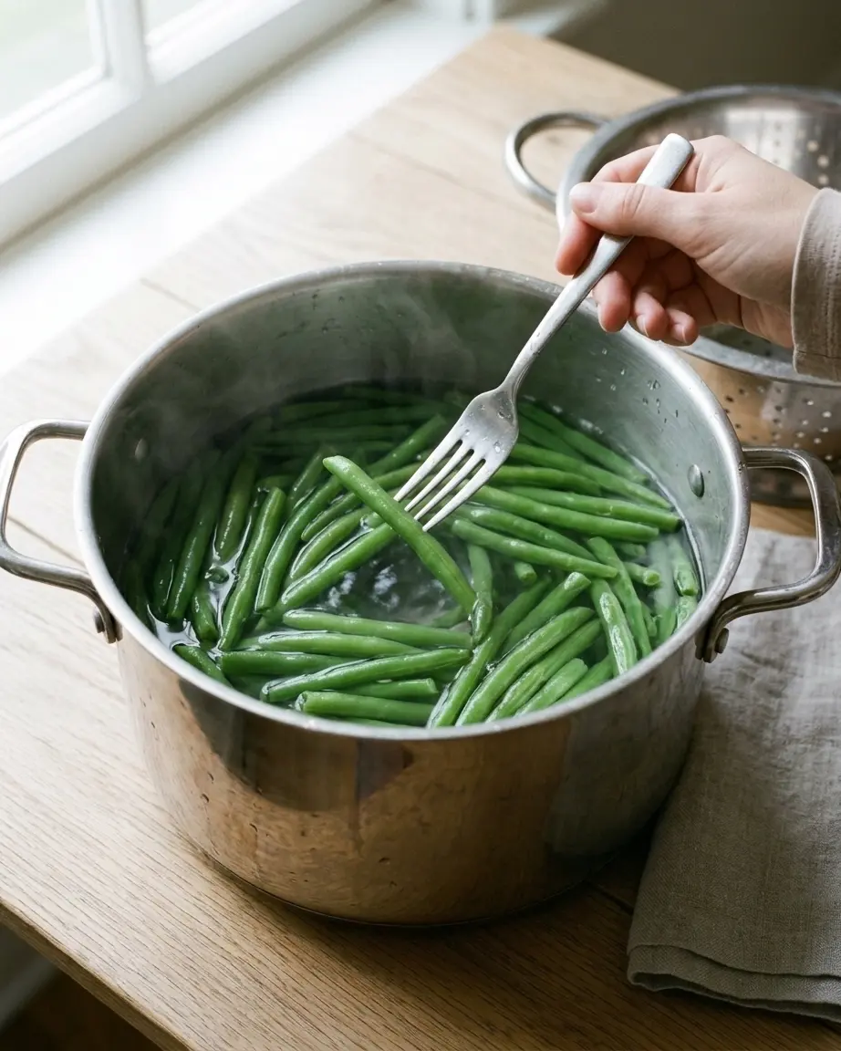 Green Bean Casserole With a Creamy Homemade Sauce Green bean casserole prep with bright green beans in a stainless-steel pot of water and a metal fork.
