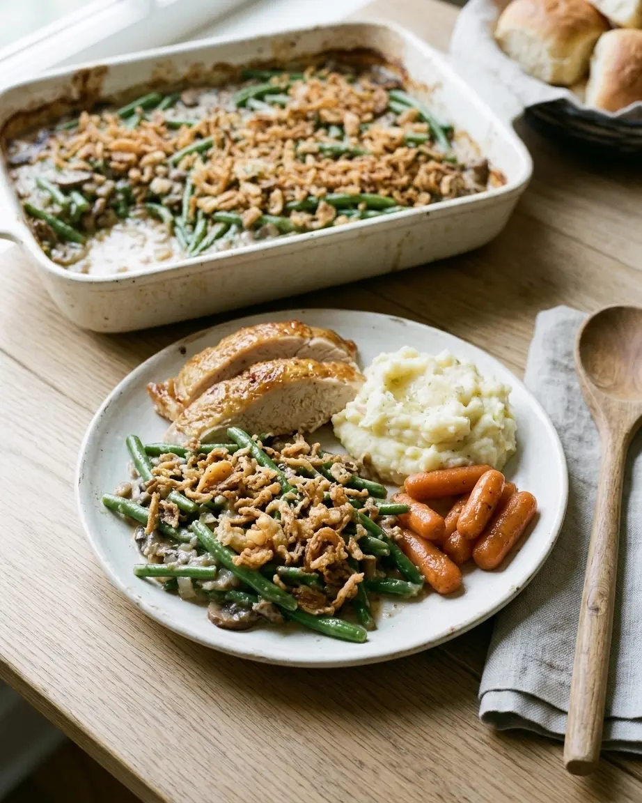 Green Bean Casserole With a Creamy Homemade Sauce Green bean casserole with crispy fried onions and mushrooms beside turkey breast, mashed potatoes, and glazed baby carrots.