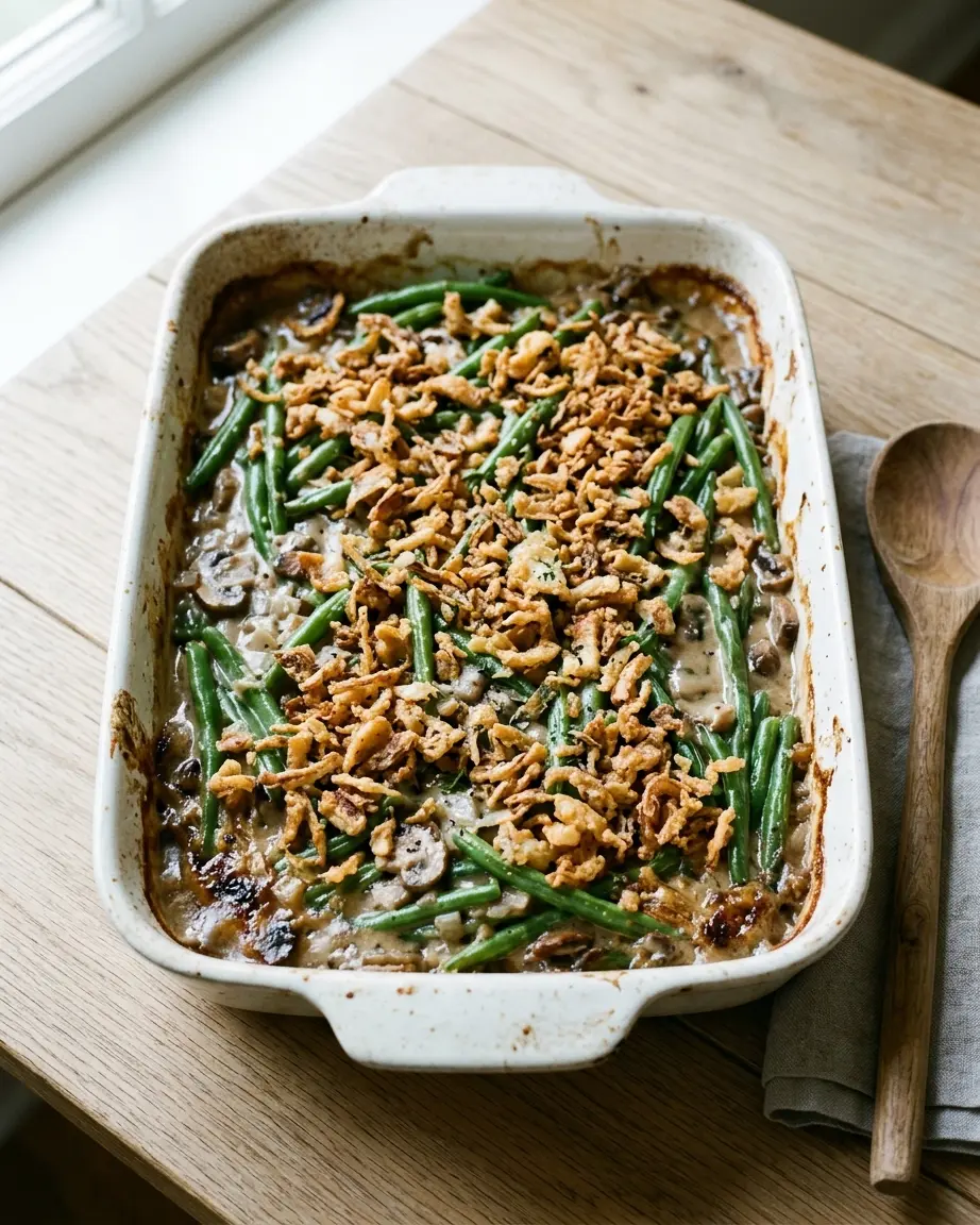 Green bean casserole with creamy mushroom sauce and crispy fried onions in a rectangular white baking dish.