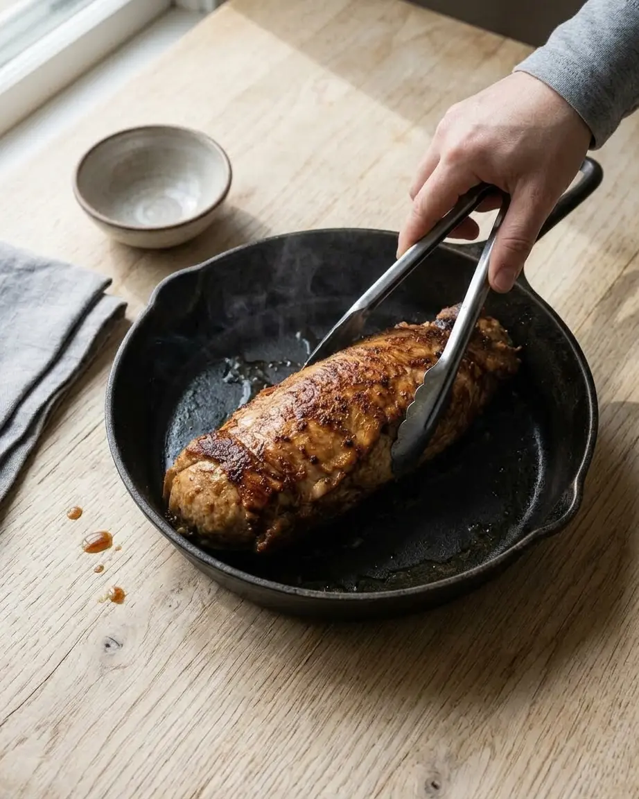 Honey garlic pork tenderloin searing in olive oil in a skillet with browned sides.