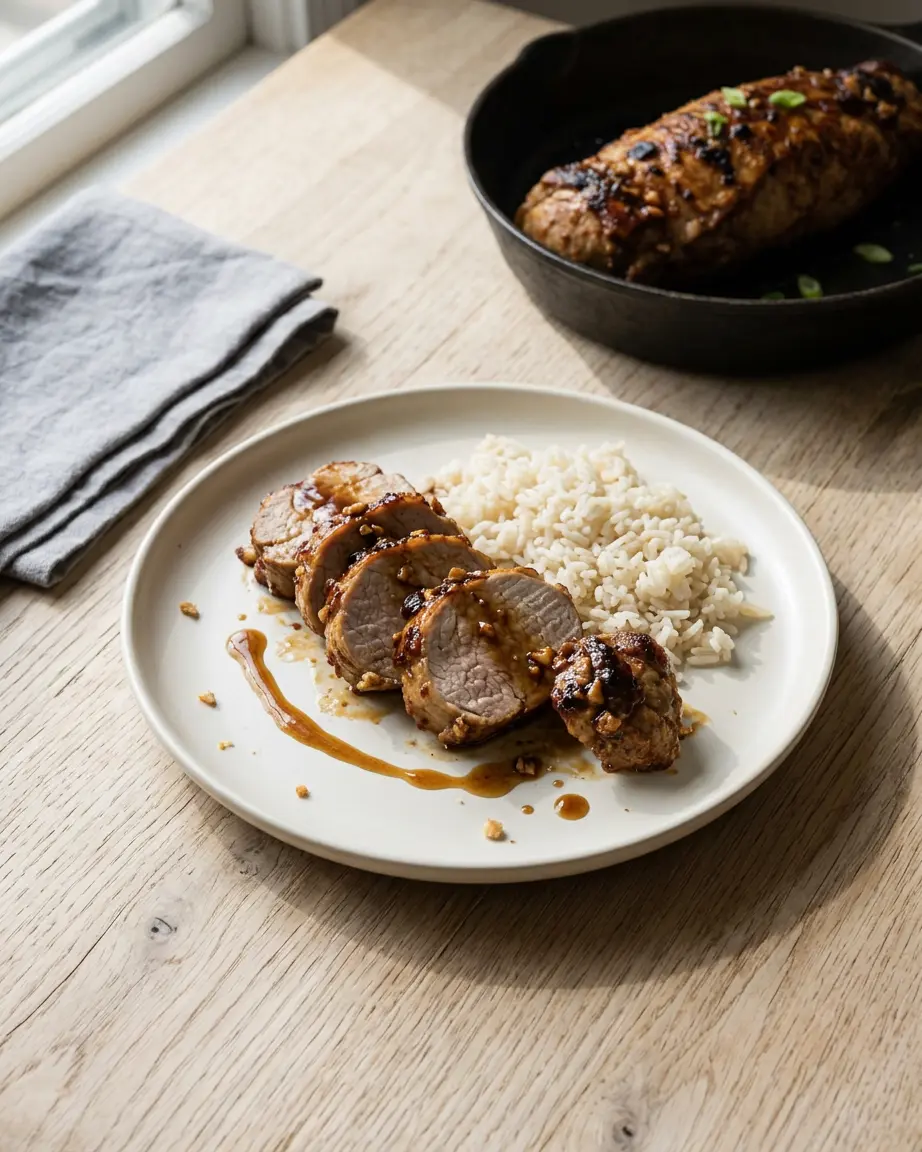 Sliced honey garlic pork tenderloin with glossy glaze and steamed rice on a plate.