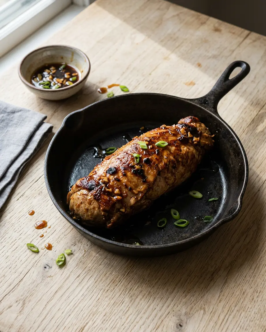 Honey garlic pork tenderloin with a browned crust and glossy glaze in a skillet.