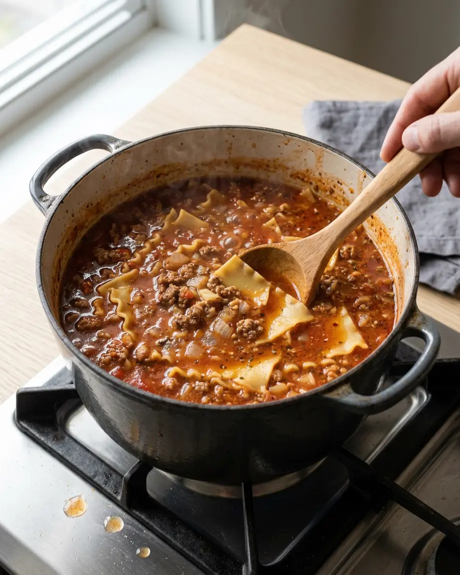 Lasagna Soup That Delivers Rich, Cheesy Comfort Lasagna soup with ruffled noodles and ground beef simmering in a Dutch oven with a wooden spoon.