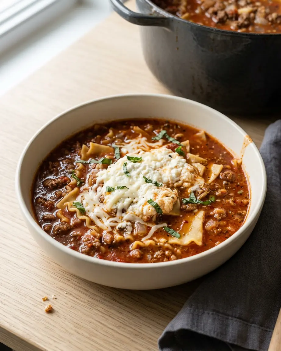 Lasagna Soup That Delivers Rich, Cheesy Comfort Lasagna soup in a white bowl topped with ricotta-like cheese, shredded mozzarella, grated cheese, and chopped basil.