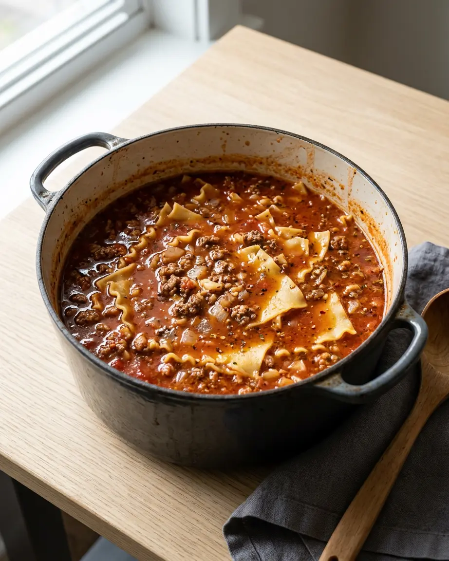 Lasagna soup with ruffled noodles, ground beef, and tomato broth in a dark Dutch oven.