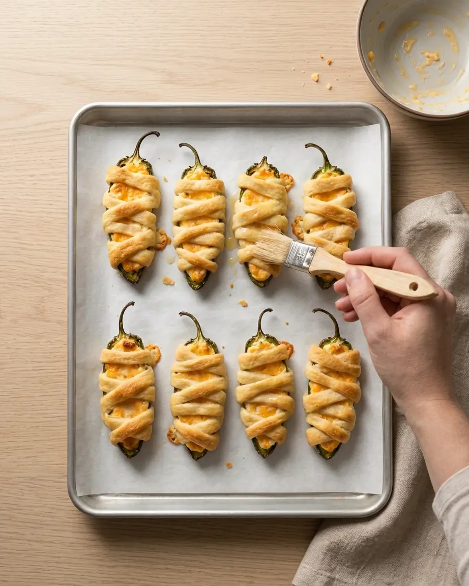 Mummy Jalapeno Poppers for a Spooky Halloween Treat Mummy jalapeno poppers with cheese filling and dough strips being brushed with a pastry brush on a baking sheet.