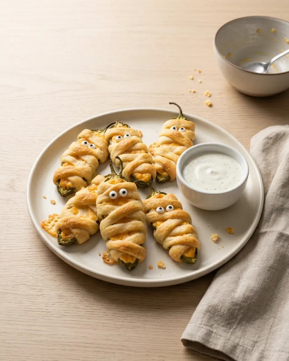 Mummy Jalapeno Poppers for a Spooky Halloween Treat Mummy jalapeno poppers with cheese filling, golden dough strips, and candy eyes on a white plate beside creamy dip.