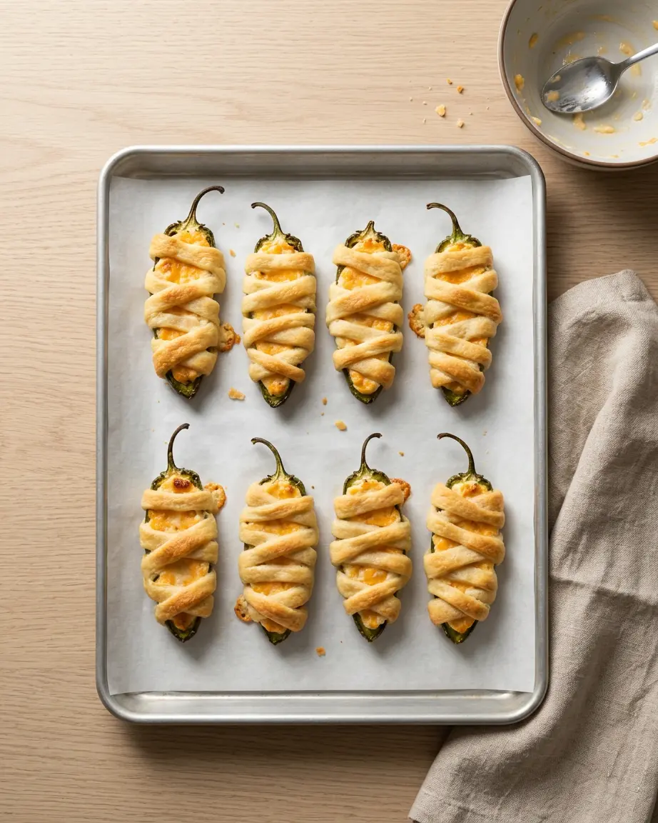 Mummy Jalapeno Poppers for a Spooky Halloween Treat Mummy jalapeno poppers with cheese filling and golden dough strips on parchment in a metal baking sheet.