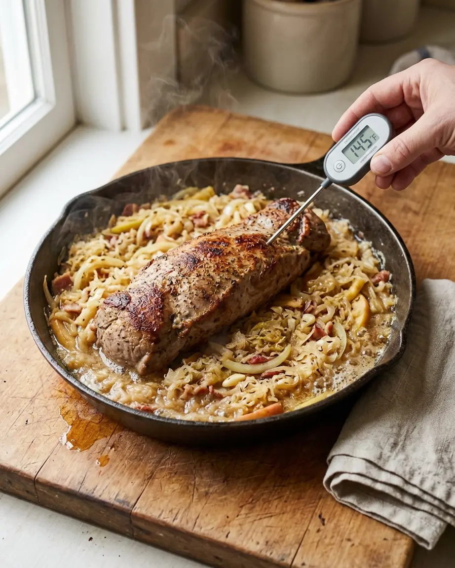 Pork Tenderloin With Sauerkraut That Bakes Tender Pork tenderloin with sauerkraut in a skillet as a thermometer checks the pork.