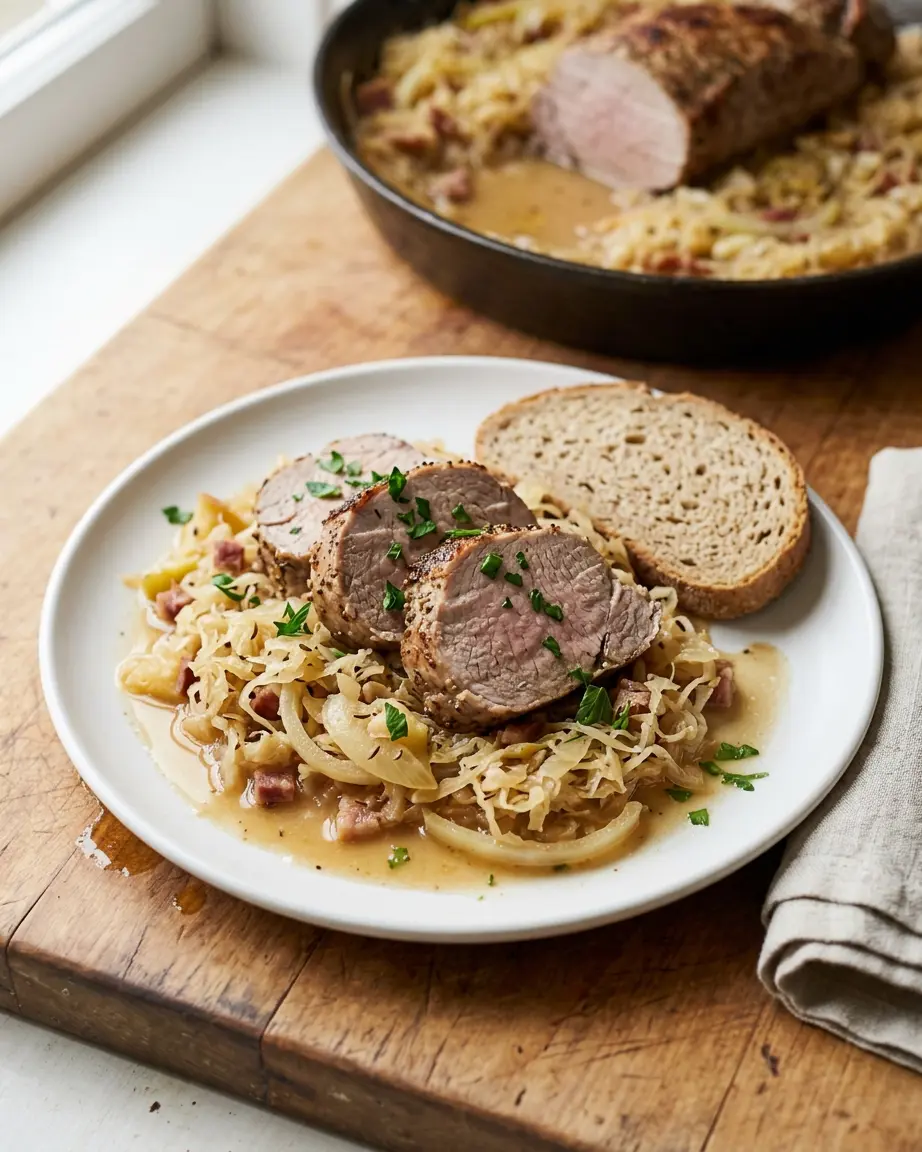 Pork Tenderloin With Sauerkraut That Bakes Tender Sliced pork tenderloin with sauerkraut, onion, apple, bacon, herbs, and bread.
