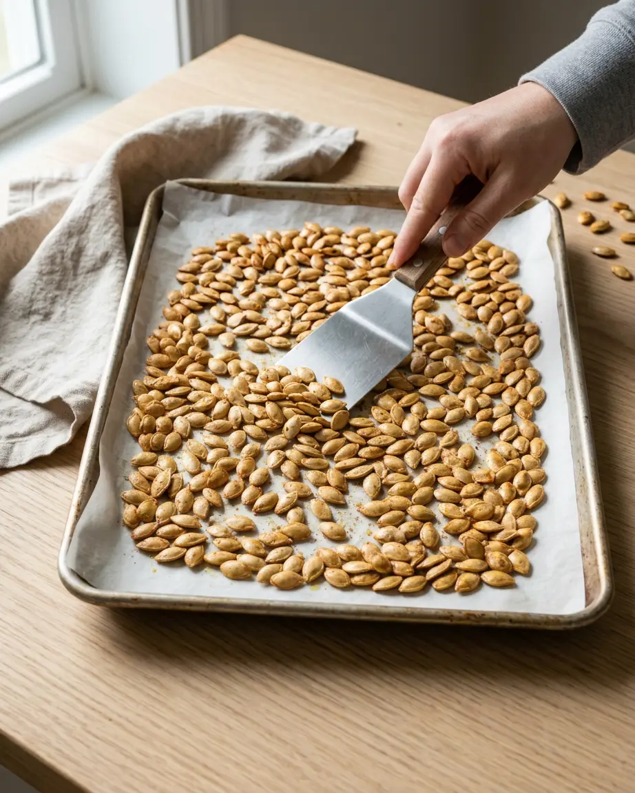 Roasted Pumpkin Seeds: Make a Perfectly Crispy Snack Roasted pumpkin seeds being moved with a wooden-handled metal spatula on a parchment-lined baking sheet.
