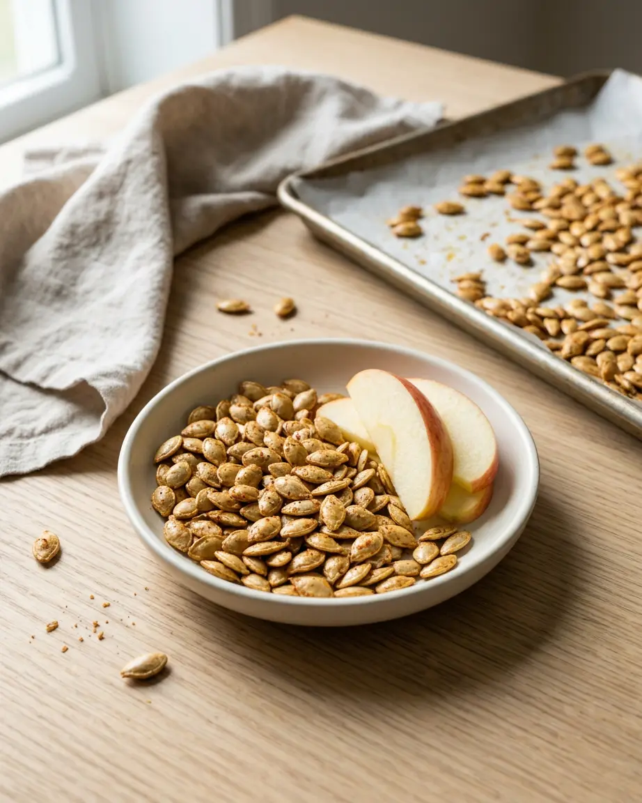 Roasted Pumpkin Seeds: Make a Perfectly Crispy Snack Roasted pumpkin seeds in an off-white ceramic bowl with overlapping red-skinned apple slices.