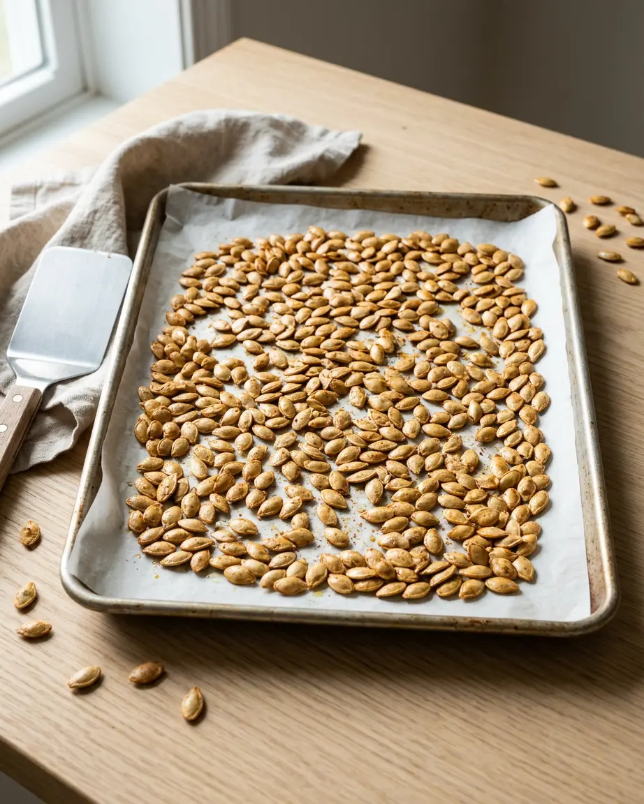 Golden-brown roasted pumpkin seeds with speckled seasoning on white parchment in a metal baking sheet.