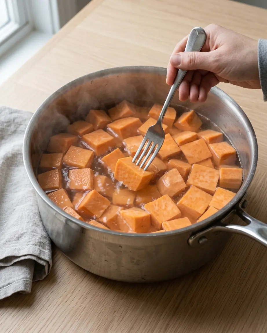 Sweet Potato Casserole With Marshmallows And Pecans Orange sweet potato cubes in a metal pot of water as a fork presses into one cube for sweet potato casserole.