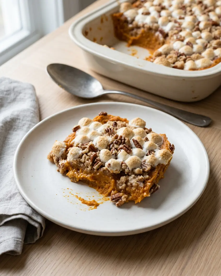 Sweet Potato Casserole With Marshmallows And Pecans Square serving of sweet potato casserole with toasted mini marshmallows, chopped pecans, and crumb topping on a white plate.