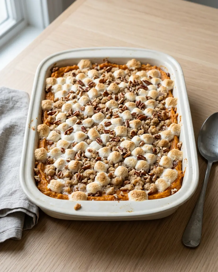 Sweet potato casserole with toasted mini marshmallows, chopped pecans, and crumb topping in a white baking dish.