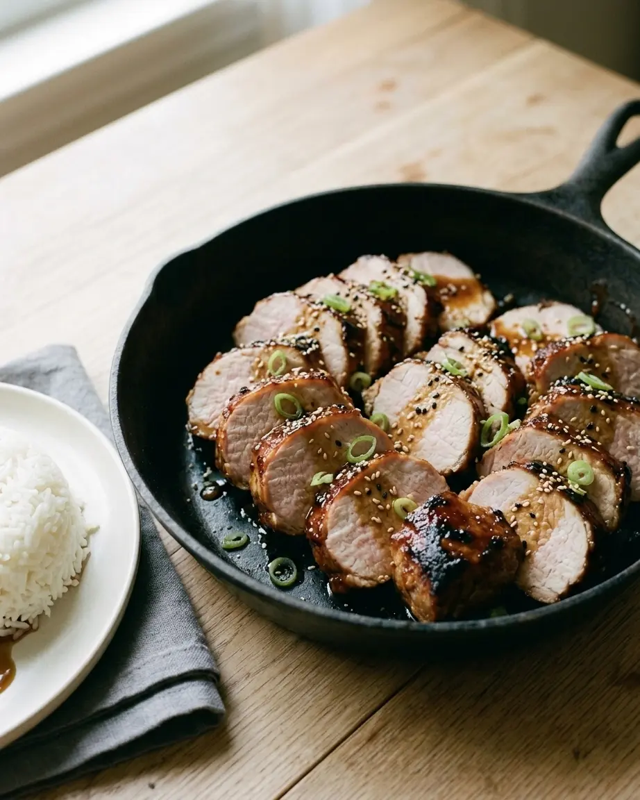 Teriyaki Pork Tenderloin With a Sticky Glaze Tonight Sliced teriyaki pork tenderloin topped with sesame seeds and green onions in a black skillet beside white rice.