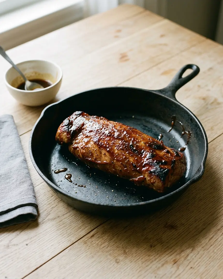 Teriyaki pork tenderloin with glossy dark sauce in a black skillet beside a bowl of sauce and a spoon.